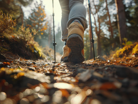 A lone hiker traverses a sun-dappled forest trail, crunching through vibrant autumn leaves Golden sunlight bathes the scene, highlighting the rugged beauty of the wilderness  Their sturdy hiking boots, a testament to the journey ahead, complete this captivating image of serene outdoor adventure AI Generativeの素材