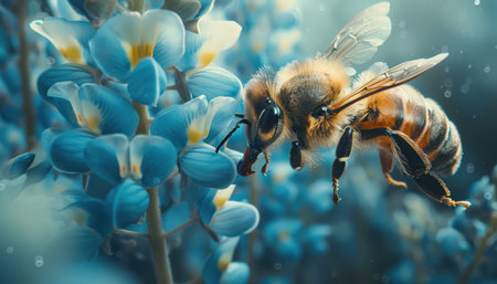A captivating image of a honeybee delicately pollinating vibrant lupine flowers amidst a thriving garden This photograph captures the crucial role bees play as nature&#39;s architects, fostering biodiversity and ensuring the survival of both ecosystems and agricultural practices AI Generativeの素材