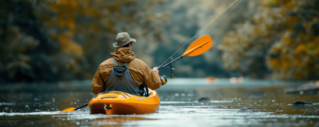 Embrace the serenity of autumn with a tranquil kayak adventure Glide through pristine waterways, surrounded by vibrant foliage and peaceful forests Witness breathtaking scenery, spot wildlife, and find relaxation on the water AI Generativeの素材