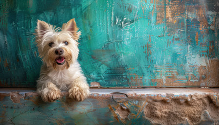 Witness the infectious charm of an adorable Yorkshire Terrier as it poses exuberantly in front of a captivating wall awash in vibrant green and blue hues Its playful tongue escapes its mouth, a testament to the sheer joy and happiness radiating from this furry companion This captivating image is a treasure for pet lovers and animal enthusiasts, perfectly encapsulating the boundless affection and delight of our canine friends AI Generativeの素材