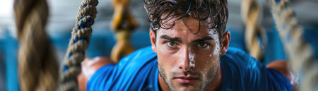 A determined man tackles a challenging rope training exercise, showcasing intense fitness training This powerful image evokes strength, athletic endurance, and the pursuit of physical fitness goals  The image is perfect for gym workout motivation, bodybuilding routines, and showcasing the dedication required for achieving peak athletic performance AI Generativeの素材