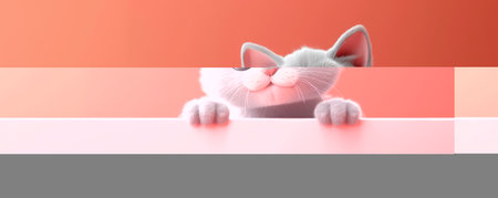 This charming image captures the irresistible allure of a playful grey kitten peeking curiously over a table Its wide, sparkling eyes and tiny nose suggest a mischievous spirit, while its soft fur and adorable pose evoke a sense of warmth and affection The vibrant coral background enhances the kitten&#39;s playful demeanor, making it an ideal choice for pet lovers, animal enthusiasts, and anyone seeking cat-themed content AI Generativeの素材