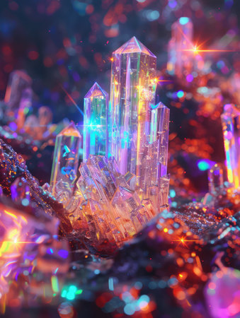 Immerse yourself in a mystical fantasy landscape where glowing crystals shimmer in vibrant hues This captivating photograph captures the radiant beauty of gemstones bathed in ethereal light, creating a mesmerizing wonderland AI Generativeの素材