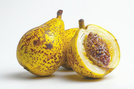 A vibrant yellow pear, freshly sliced, takes center stage against a pristine white backdrop Its unique speckled skin, a testament to its ripeness, is showcased in close-up detail Visible seeds peek out from the juicy flesh, hinting at its sweet and succulent taste  This captivating image captures the essence of fresh, ripe fruit AI Generativeの素材