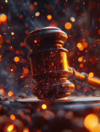 A close-up of a judge&#39;s gavel, bathed in warm light, is the focal point of this captivating image The bokeh effect creates a soft, inviting atmosphere, while the gavel itself stands as a powerful symbol of law, order, and legal authority AI Generativeの素材