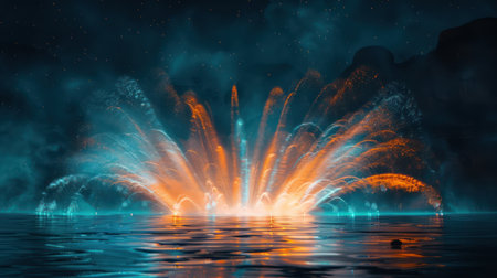 A breathtaking nighttime water fountain display captivates with its cascading water jets and vibrant lights The reflection of the illumination paints the calm water surface with shimmering colors, creating a mesmerizing spectacle against the backdrop of a majestic outdoor setting AI Generativeの素材