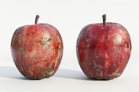 Two vibrant red apples, each uniquely adorned with reddish and greenish markings, rest against a pristine white backdrop Their natural imperfections highlight their inherent beauty, making them ideal for art, nature, and food photography enthusiasts seeking a touch of organic elegance AI Generativeの素材