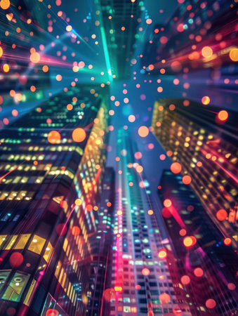 A breathtaking vertical panorama of a vibrant metropolis at night Dazzling lights create a mesmerizing bokeh effect, highlighting the city&#39;s architectural splendor The scene captures the exhilarating energy and dynamism of urban life in a captivating composition AI Generativeの素材