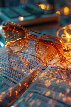 A cozy retreat bathed in warm, sparkling lights Stylish sunglasses rest atop a book, creating a relaxed and inviting ambiance Vibrant colors and textures enhance the aesthetic appeal, making this scene perfect for evoking feelings of comfort and tranquility AI Generativeの素材