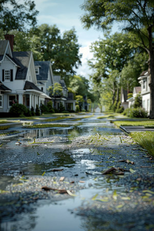 A tranquil suburban street, bathed in the soft glow of post-rain sunlight Reflective puddles mirror the charming houses and lush green trees, creating a peaceful urban landscape The scene captures the serenity and beauty of a quaint neighborhood, perfect for a moment of quiet contemplation AI Generativeの素材