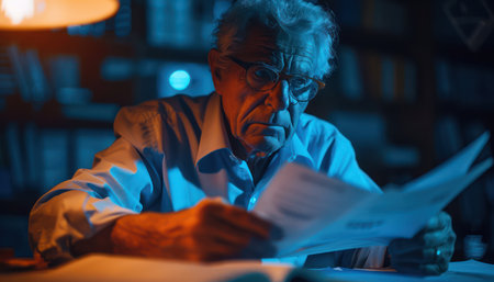In a dimly lit room bathed in the warm glow of a lamp, an elderly man sits amidst towering bookshelves, deeply engrossed in reading documents His weathered face reflects a lifetime of wisdom as he contemplates the words on the page, lost in a world of intellectual activity The quiet ambiance speaks of focused reflection and contemplation AI Generativeの素材