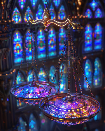 A breathtaking view of a gothic cathedral&#39;s interior, showcasing majestic stained glass windows bathing the space in vibrant hues Ornate chandeliers cast shimmering light, creating a dramatic and awe-inspiring atmosphere The intricate architectural details and the spiritual ambiance are captured in this stunning photograph AI Generativeの素材