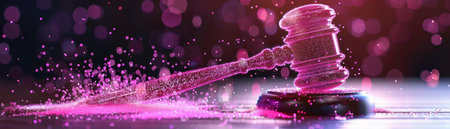 A dynamic image capturing the essence of law and justice A striking gavel in motion, surrounded by a vibrant explosion of colorful particles, against a dimly lit background The image embodies the power and energy of legal proceedings in the modern world AI Generativeの素材