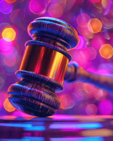 A vibrant, abstract image captures the essence of justice in a modern, artistic context A judge&#39;s gavel stands out against a backdrop of colorful, glowing lights, symbolizing the power and authority of the legal system The dynamic interplay of color and form creates a visually striking representation of justice, both powerful and captivating AI Generativeの素材