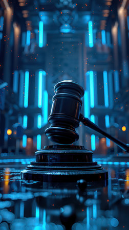 A futuristic judge&#39;s gavel, forged of sleek metal and glowing with digital energy, stands as a symbol of law and justice in a high-tech courtroom  The gavel&#39;s sleek design and shimmering glow evoke a sense of advanced technology and unwavering authority within this sci-fi setting AI Generativeの素材
