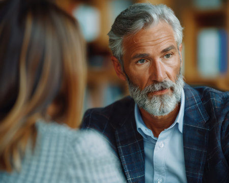 A seasoned businessman, radiating experience, leans in intently as he discusses corporate strategy with a colleague in a modern office setting  Serious expressions and focused body language underscore the importance of their conversation The image captures the essence of mature professionals collaborating on strategic planning in a contemporary workplace AI Generativeの素材