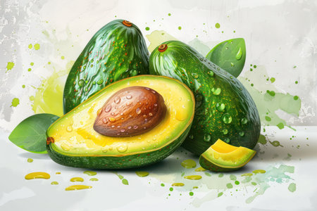 A vibrant illustration of fresh avocados, showcasing both whole and sliced fruit with a realistic depiction of the seed Water droplets accentuate the juicy texture, perfect for promoting healthy eating, organic food, and natural ingredients AI Generativeの素材