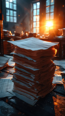 A vintage industrial workspace bathed in golden sunset light Stacks of paper, illuminated by the sun, create a chaotic scene Dust motes dance in the beams, highlighting the cluttered room Documents scattered across the desk are bathed in the warm glow, capturing the essence of a messy but productive environment AI Generativeの素材