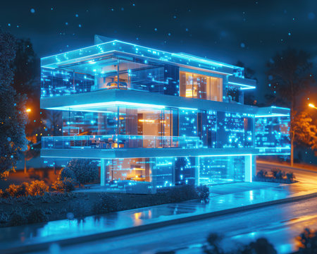 A futuristic smart home, bathed in vibrant neon light, stands out against the backdrop of a rainy night in a technologically advanced urban neighborhood The home&#39;s innovative modern architecture, with sleek lines and glass facades, reflects the surrounding cityscape, creating a breathtaking scene of urban sophistication and technological prowess AI Generativeの素材