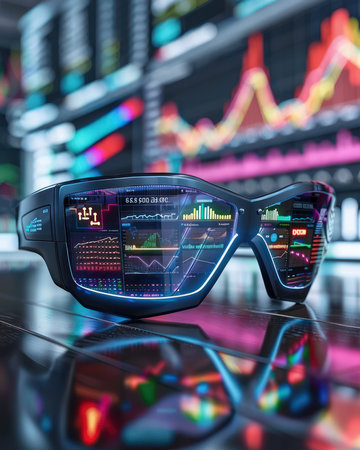 A futuristic professional in a sleek, high-tech environment wears advanced augmented reality glasses The lenses display intricate financial market data, graphs, and visualizations, providing real-time insights and analysis The image embodies the cutting edge of technology in finance, seamlessly blending the physical and digital worlds AI Generativeの素材