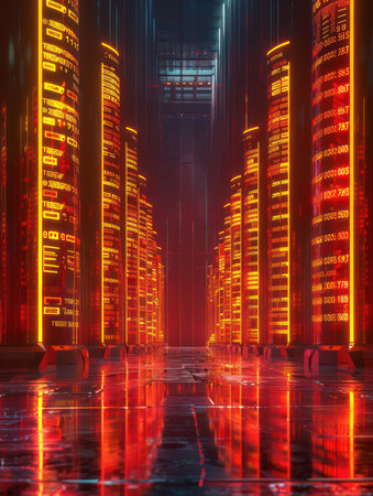 A mesmerizing glimpse into the future of data storage Neon lights illuminate a futuristic data center, where advanced technology servers hum, secure by high-tech cybersecurity measures This digital information hub boasts a virtual network infrastructure, safeguarding the world&#39;s data in a symphony of light and power AI Generativeの素材