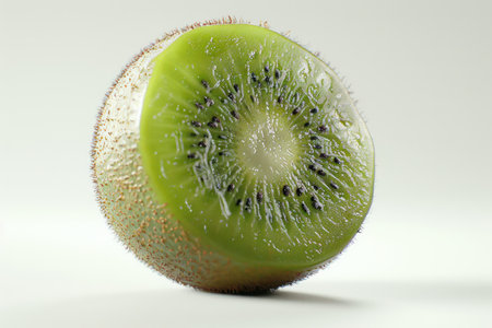 A close-up of a vibrantly green kiwi fruit, its textured skin showcasing a delicate fuzz The fruit&#39;s surface reveals numerous tiny black seeds nestled within the flesh  The kiwi is captured against a pure white background in a professional studio setting, highlighting its fresh and inviting appearance AI Generativeの素材