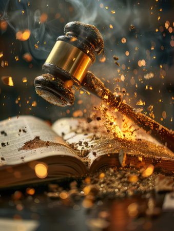 A powerful image capturing the fragility of legal order A gavel, symbol of justice, smashes a book, representing law, creating a dramatic display of disruption and chaos Dust and debris fly as the book shatters, highlighting the devastating consequences of legal breakdown  This image evokes feelings of fear, uncertainty, and the collapse of societal structures AI Generativeの素材