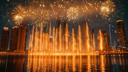 A vibrant fireworks display explodes over a city skyline, illuminating towering skyscrapers that reflect in the water below The festive celebration fills the night with dazzling light and color, creating a breathtaking spectacle AI Generativeの素材