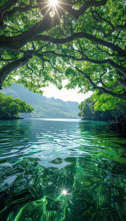Escape to a serene tropical oasis Sunlight filters through lush green leaves, casting shimmering reflections on clear water Tranquility reigns supreme, making this idyllic setting perfect for relaxation, meditation, and nature photography AI Generativeの素材