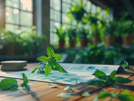 A tranquil greenhouse bathed in soft daylight, with lush green mint leaves spilling onto a rustic wooden table The perfect blend of nature and serenity creates a calming haven for indoor plant enthusiasts and botanical lovers, inviting relaxation and connection with the natural world AI Generativeの素材