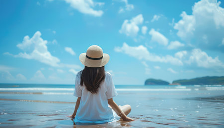 A woman in a white shirt and hat finds perfect relaxation on a pristine sandy beach The azure ocean stretches out before her, sparkling under a warm sun Puffy white clouds drift across the clear blue sky, creating a serene and picturesque scene This idyllic setting offers a moment of tranquility and escape from everyday life AI Generativeの素材