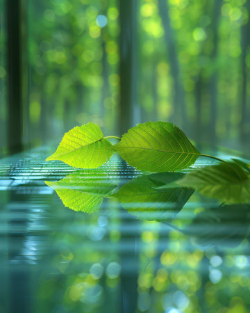 A tranquil forest scene, where vibrant green leaves dance on the surface of calm water Sunlight filters through the canopy, creating a serene and harmonious atmosphere  The reflection of nature's beauty evokes a sense of peace and tranquility AI Generativeの素材