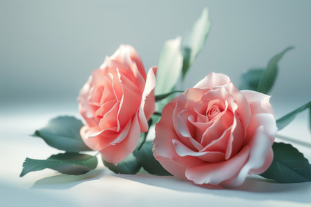 A captivating tableau of vibrant pink roses in full bloom, their velvety petals radiating warmth and beauty Delicate green leaves provide a lush backdrop, creating a serene and tranquil atmosphere The soft light illuminates the exquisite details of each blossom, highlighting the natural elegance of these beloved flowers AI Generativeの素材