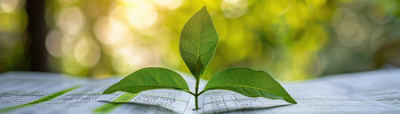 A vibrant young green plant sprouts from the open pages of a book, symbolizing the growth of knowledge and learning Sunlight illuminates the scene against a blurred natural backdrop, highlighting the eco-friendly concept of education and botanical study This image evokes a sense of hope and the interconnectedness between nature and learning AI Generativeの素材