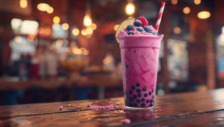 A vibrant berry bubble tea with chewy tapioca pearls, nestled in a stylish glass The cozy coffee shop backdrop adds warmth to this refreshing beverage, perfect for an Instagram-worthy moment Indulge in the sweet and fruity flavors, a delightful treat for any occasion AI Generativeの素材