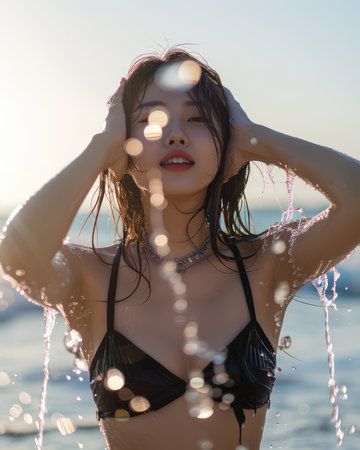 A woman basks in the golden sunlight on a warm summer day, her hair flowing in the ocean breeze The turquoise water laps gently at her feet, creating playful splashes  Her eyes are closed, lost in the serene beauty of the moment, as she embraces the tranquility of the beach  The photograph captures the essence of blissful relaxation and connection with nature AI Generativeの素材