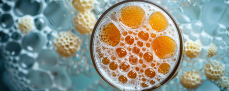 A mesmerizing close-up of frothy beer bubbles in a glass, capturing the effervescence of a carbonated beverage The macro photography reveals intricate details of the bubbles, highlighting their delicate structure and light-catching properties A captivating visual that evokes the refreshing nature of a cold beer AI Generativeの素材