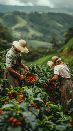 A picturesque scene of farmers meticulously harvesting ripe coffee cherries in a vibrant green plantation  Cloudy skies and rolling hills create a dramatic backdrop, highlighting the agricultural practices and rural lifestyle in this lush, misty mountain environment AI Generativeの素材