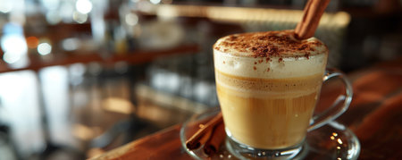 Indulge in the warmth and comfort of a perfectly crafted cinnamon latte Rich, frothed milk topped with a sprinkle of cinnamon and a cinnamon stick, this inviting beverage is a cozy cafe dream A perfect blend of sweet and spicy, it&#39;s the ideal pick-me-up for coffee lovers seeking a relaxing retreat AI Generativeの素材