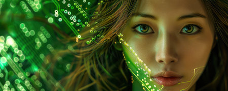A captivating digital portrait of a woman immersed in a mesmerizing green holographic technology matrix Her ethereal presence symbolizes the fusion of human emotions and advanced artificial intelligence, creating a breathtaking blend of the organic and the digital AI Generativeの素材