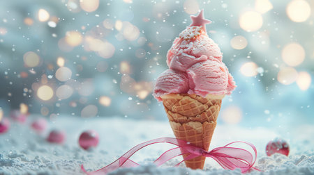 A whimsical winter ice cream cone adorned with pink scoops and a star-shaped decoration Surrounded by delicate snowflakes and shimmering bokeh lights, this frozen treat captures the magic of the holiday season  Perfect for celebrating winter festivities with a sweet and enchanting touch AI Generativeの素材
