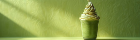 A vibrant green frozen yogurt, bathed in warm sunlight, rests against a lush green backdrop  Light and shadow dance across the creamy surface, creating a serene and inviting atmosphere This image is perfect for showcasing refreshing summer treats, healthy dessert options, and the simple pleasures of a sunny day AI Generativeの素材