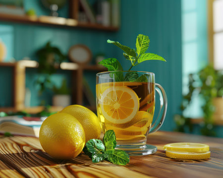 A refreshing iced lemon mint tea, served in a glass mug, sits on a rustic wooden table bathed in warm sunlight  Fresh lemon slices and mint leaves surround the drink, adding pops of color against the cozy blue wall  The perfect summer beverage, this image evokes a sense of relaxation and tranquility AI Generativeの素材