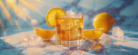 A refreshing summer beverage, perfect for sunny days Ice-cold water infused with zesty lemon slices, creating a vibrant citrus drink Sunlight reflects off a marble surface, highlighting the cool and invigorating ingredients for ultimate hydration AI Generativeの素材