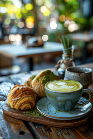 A serene morning scene unfolds at a rustic wooden table adorned with lush greenery A steaming cup of matcha latte sits beside freshly baked pastries, bathed in soft ambient lighting  The aroma of freshly baked goods fills the air, promising a peaceful and delicious start to the day AI Generativeの素材