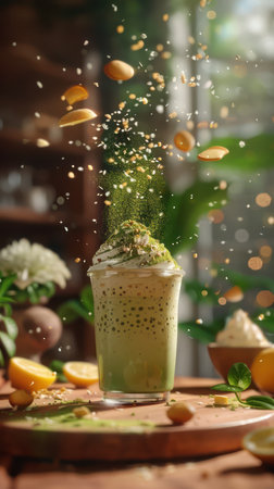 Indulge in the art of relaxation with a steaming matcha latte Creamy milk swirls with vibrant green tea in a cozy cafe setting, creating a visually captivating masterpiece  The artistic ambiance invites you to savor every sip and find inspiration in the simple pleasures of life AI Generativeの素材