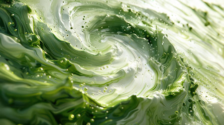 A mesmerizing abstract artwork captures the essence of fluidity and movement Swirling green and white liquid splashes create captivating visual effects and patterns, evoking a sea of verdant tones The interplay of light and shadow enhances the dynamism of this stunning artistic creation AI Generativeの素材