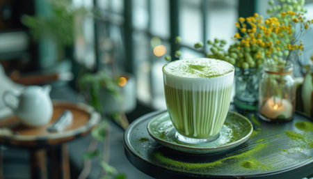 Find tranquility in this serene cafe scene A frothy matcha latte sits atop a rustic table bathed in natural light streaming through the window Lush greenery surrounds the cozy ambiance, creating a peaceful haven where you can unwind and embrace calmness AI Generativeの素材