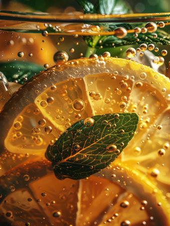 A refreshing summer beverage concept Close-up shot of sparkling carbonated water with vivid colors Slices of lemon and mint leaves infuse the water, creating a delicious and healthy drink Bubbling effervescence adds to the visual appeal This image perfectly captures the essence of a vibrant and invigorating summertime beverage AI Generativeの素材