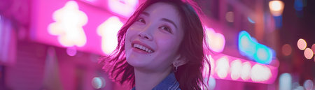 A woman's radiant smile illuminates a vibrant cityscape bathed in neon light The urban glow reflects off shining street signs, capturing the bustling nightlife of a busy city This captivating night shot captures the energy and allure of the urban experience AI Generativeの素材